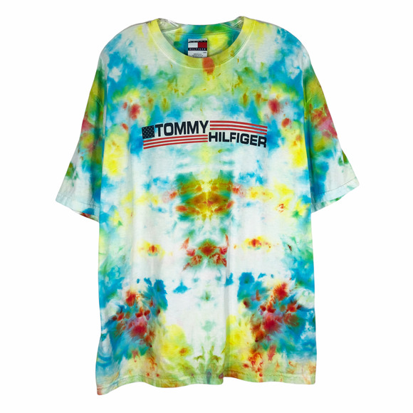 Tommy Hilfiger Large Tee Shirt Sunny Side Tie Dye Handmade Yellow Blue 232 - Picture 1 of 9